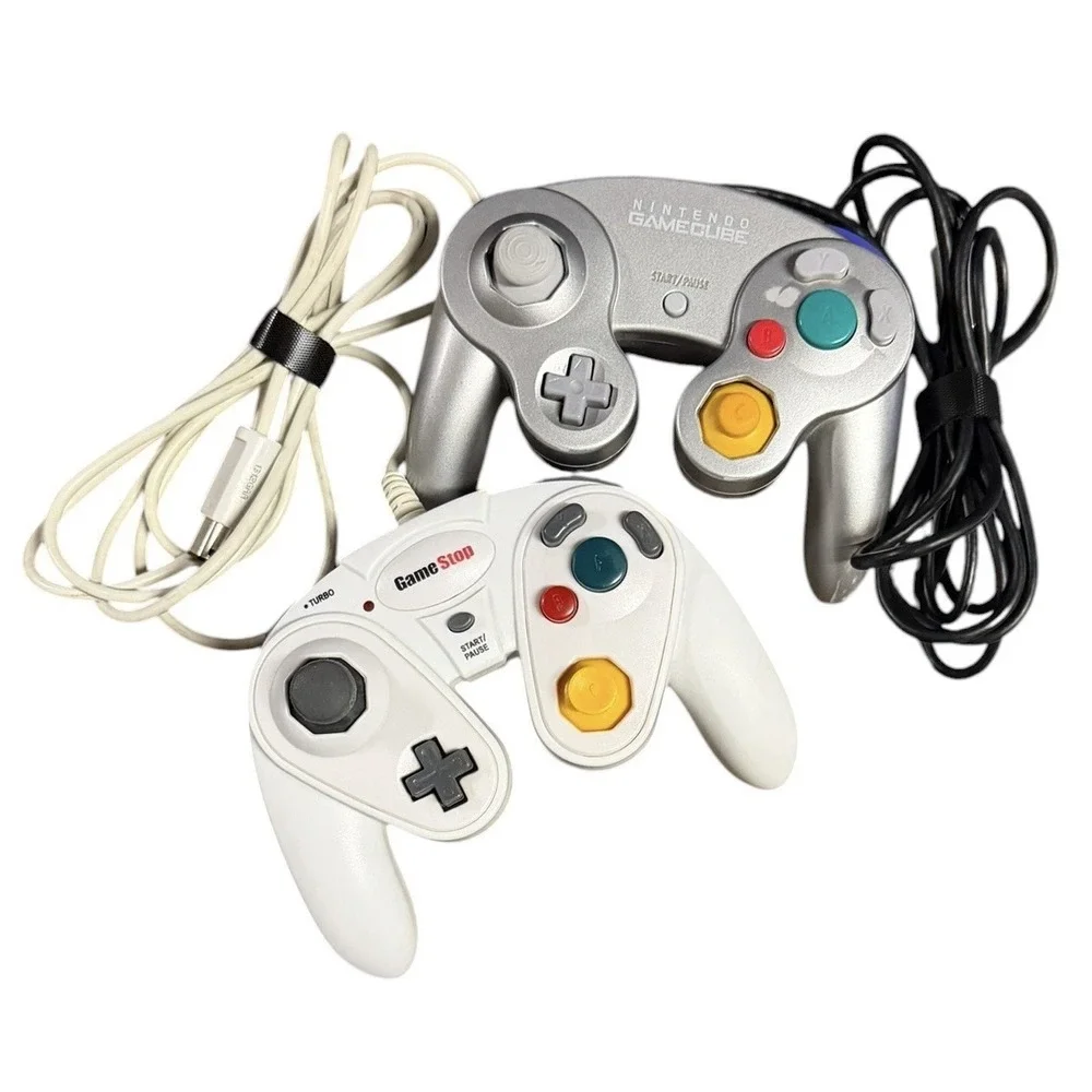 Nintendo GameCube OEM Silver Controller W/Gamestop Turbo Controller Lot (2) READ